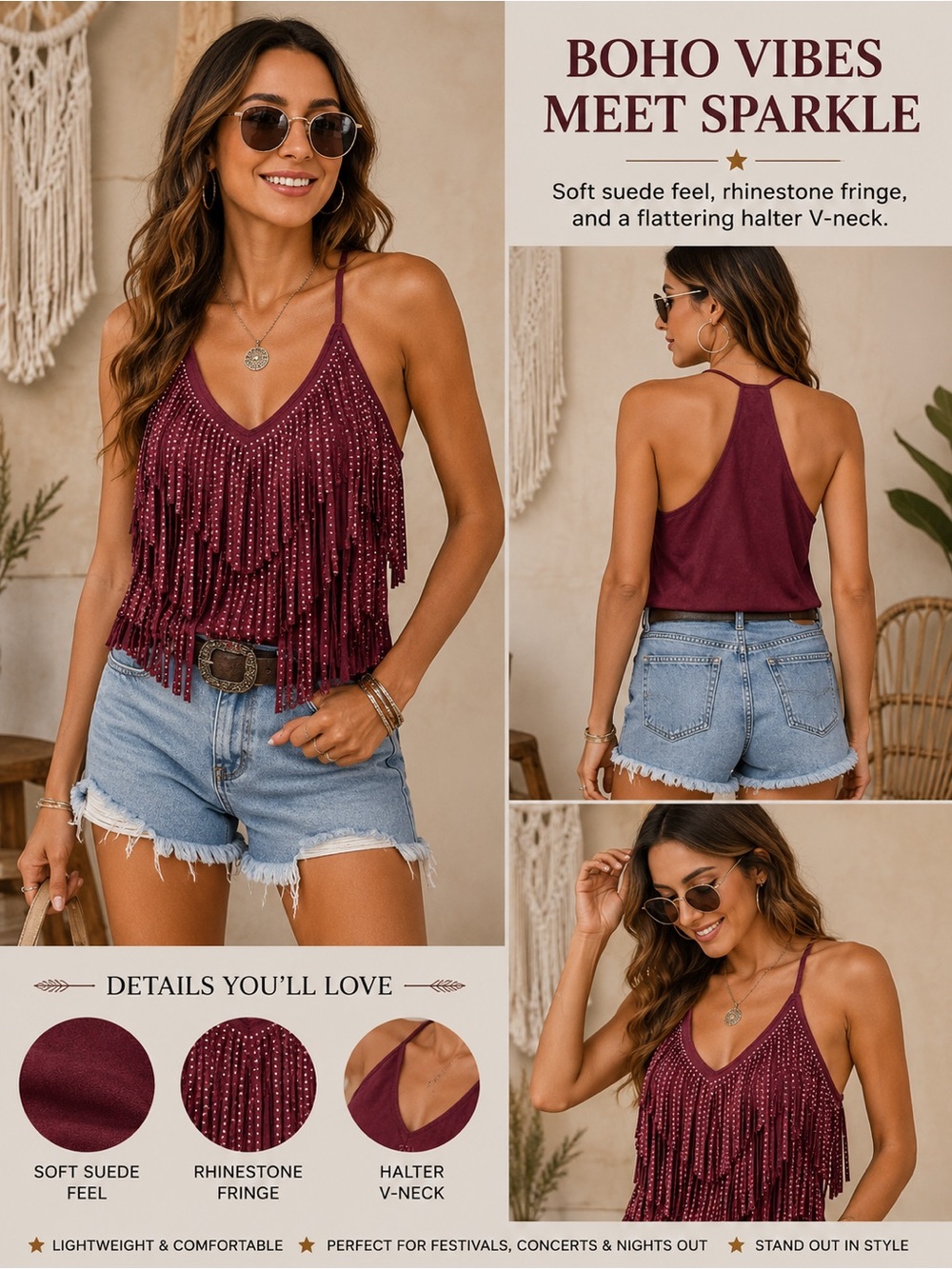 Main Strip Burgundy Rhinestone Fringe Halter V-Neck Camisole